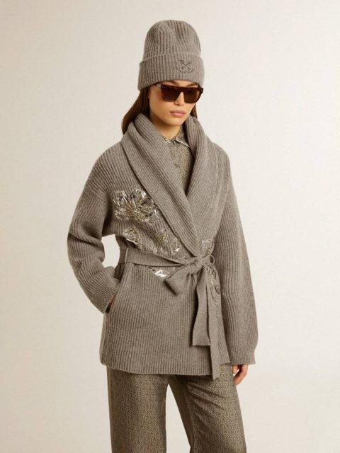 Gray Melange Knitwear Women's Cardigan In Gray Melange Wool With Embroidery On The Front Golden Goose Women - Image 3