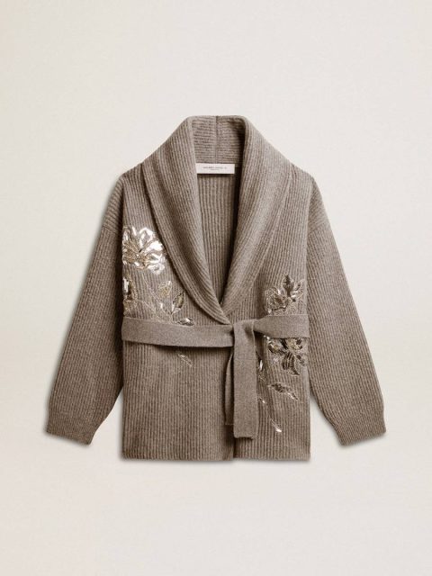Gray Melange Knitwear Women's Cardigan In Gray Melange Wool With Embroidery On The Front Golden Goose Women