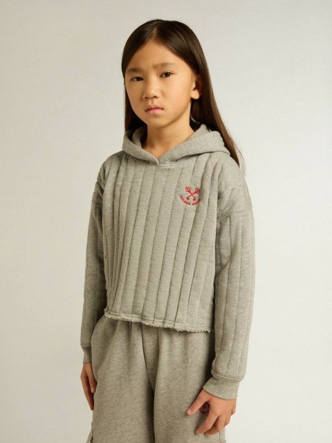 Gray Melange Topwear Selection (4-12 Years) Golden Goose Kids Girls' Cropped Sweatshirt In Gray Melange With A Hood And Embroidery On The Front - Image 2