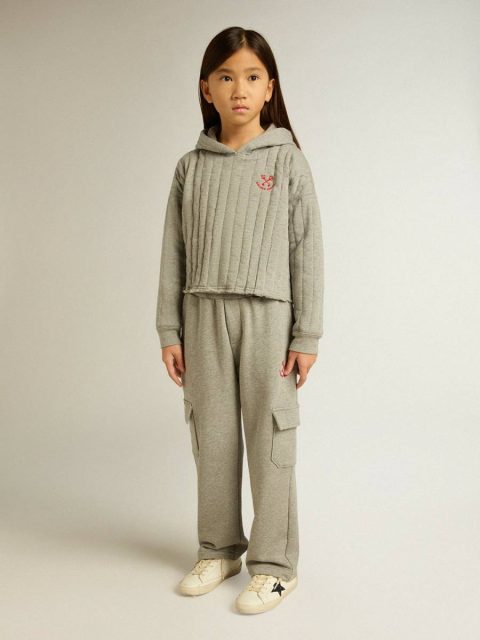 Gray Melange Topwear Selection (4-12 Years) Golden Goose Kids Girls' Cropped Sweatshirt In Gray Melange With A Hood And Embroidery On The Front - Image 3