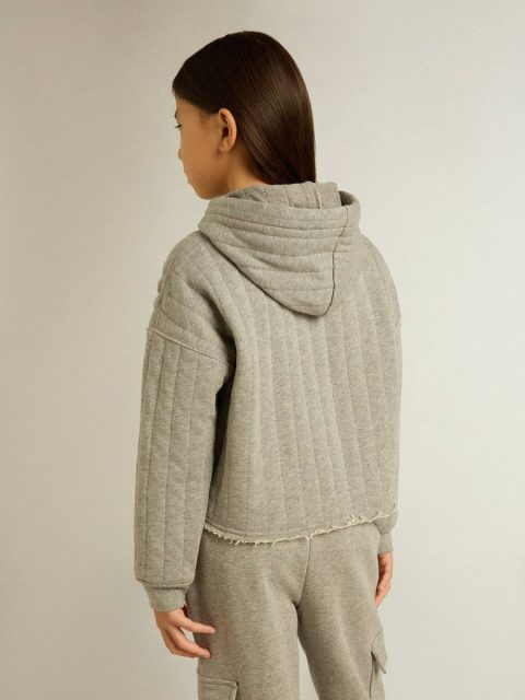 Gray Melange Topwear Selection (4-12 Years) Golden Goose Kids Girls' Cropped Sweatshirt In Gray Melange With A Hood And Embroidery On The Front - Image 4