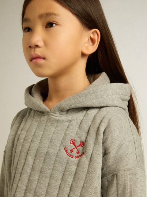 Gray Melange Topwear Selection (4-12 Years) Golden Goose Kids Girls' Cropped Sweatshirt In Gray Melange With A Hood And Embroidery On The Front - Image 5