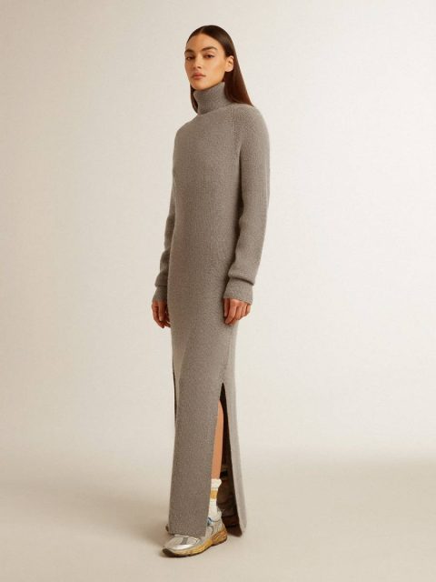 Gray Melange Women Golden Goose Gray Melange Ribbed Woolen Dress With High Neck Dresses & Jumpsuits - Image 3
