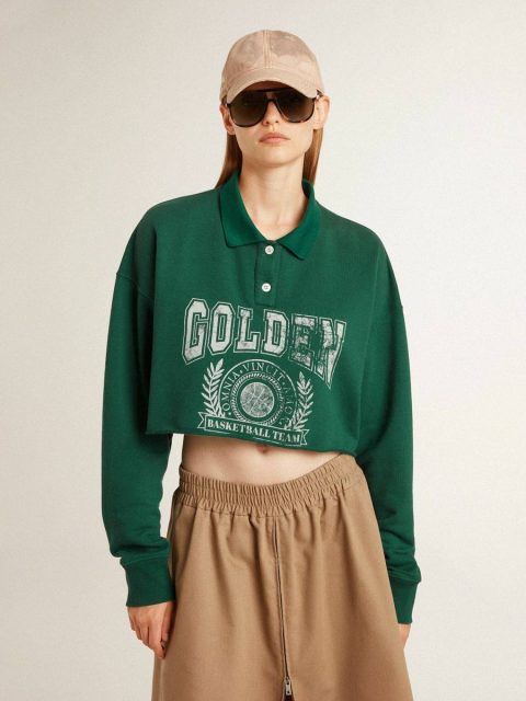 Green Women Sweatshirts Women's Green Cropped Polo Sweatshirt With Print Golden Goose - Image 2