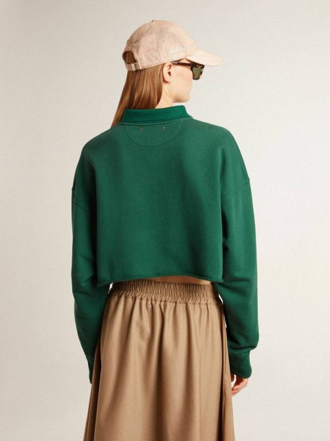 Green Women Sweatshirts Women's Green Cropped Polo Sweatshirt With Print Golden Goose - Image 4