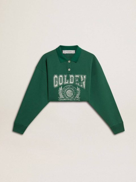 Green Women Sweatshirts Women's Green Cropped Polo Sweatshirt With Print Golden Goose