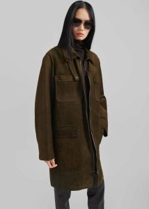 Green Women The Frankie Shop Outerwear Haillot Suede Long Jacket - Khaki - Image 2