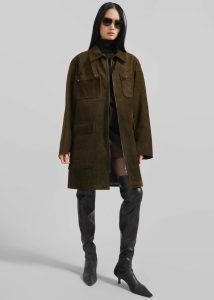 Green Women The Frankie Shop Outerwear Haillot Suede Long Jacket - Khaki