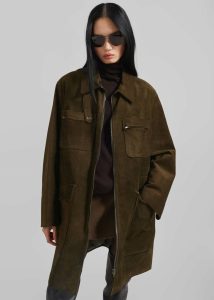 Green Women The Frankie Shop Outerwear Haillot Suede Long Jacket - Khaki - Image 3