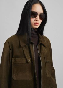 Green Women The Frankie Shop Outerwear Haillot Suede Long Jacket - Khaki - Image 4