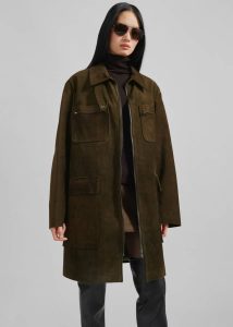 Green Women The Frankie Shop Outerwear Haillot Suede Long Jacket - Khaki - Image 5