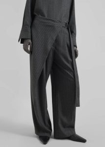 Grey Bottoms Belton Wool-Blend Wrap Trousers - Charcoal/White Pinstripe Women The Frankie Shop - Image 4