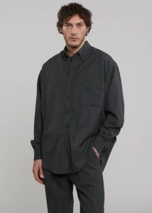 Grey Tops Men Mason Wool Button Up Shirt - Dark Grey/White Pinstripe The Frankie Shop