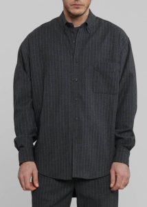 Grey Tops Men Mason Wool Button Up Shirt - Dark Grey/White Pinstripe The Frankie Shop - Image 3