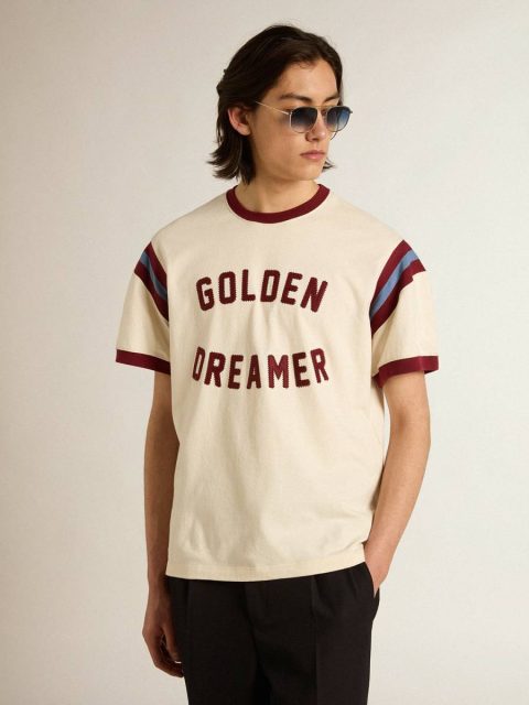 Heritage White T-Shirts & Polo Shirts Men Men’s White T-Shirt With Burgundy Lettering On The Front Golden Goose - Image 3
