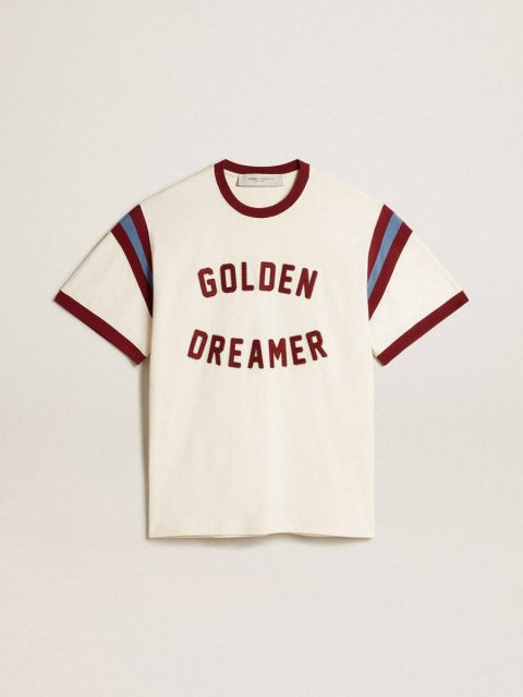 Heritage White T-Shirts & Polo Shirts Men Men’s White T-Shirt With Burgundy Lettering On The Front Golden Goose