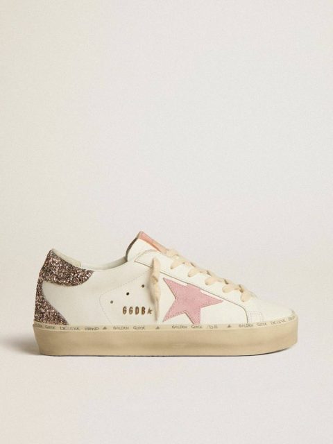 Hi Star Golden Goose Hi Star In White Leather With Pink Suede Star And Pink Glitter Heel Tab White Women