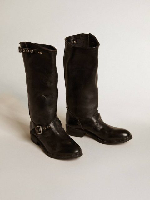 High Biker Boots In Black Leather With Silver Studs And Buckles Black Boots Golden Goose Women - Image 2