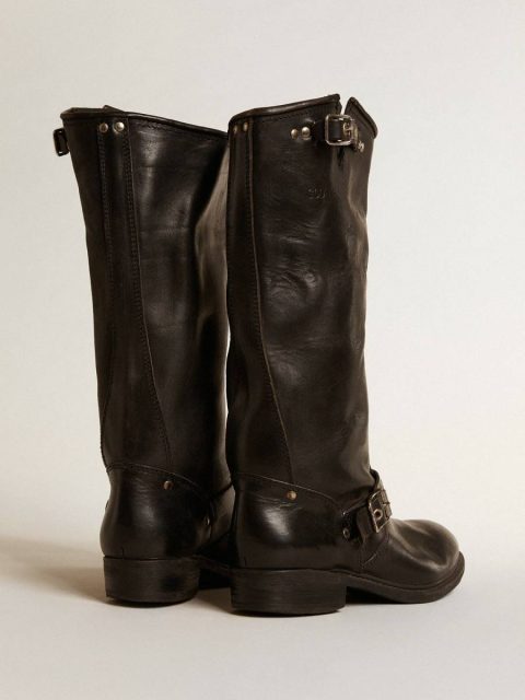 High Biker Boots In Black Leather With Silver Studs And Buckles Black Boots Golden Goose Women - Image 4