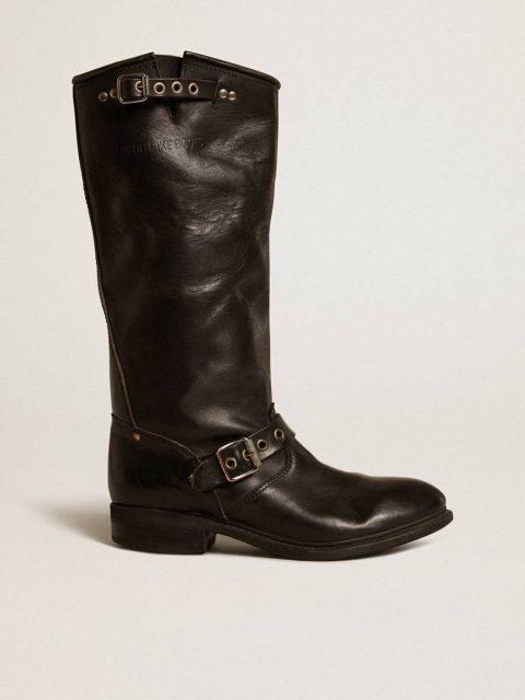High Biker Boots In Black Leather With Silver Studs And Buckles Black Boots Golden Goose Women