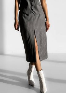 Holland Midi Slit Skirt - Charcoal/White Pinstripe Women Grey The Frankie Shop Bottoms - Image 2