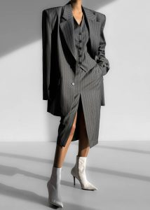 Holland Midi Slit Skirt - Charcoal/White Pinstripe Women Grey The Frankie Shop Bottoms