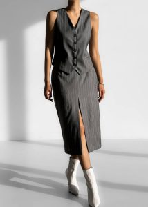 Holland Midi Slit Skirt - Charcoal/White Pinstripe Women Grey The Frankie Shop Bottoms - Image 4
