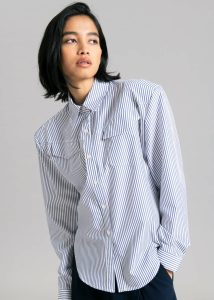 Jeanne Padded Shirt - Navy Stripe The Frankie Shop Blue Women Tops - Image 4