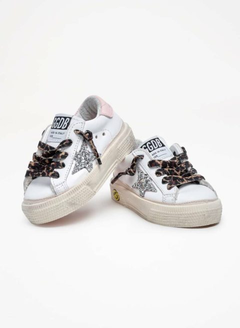 Kids Girls (4-10 Years) White Golden Goose May Sneakers With Silver Glitter Star And Pink Leather Heel Tab - Image 3