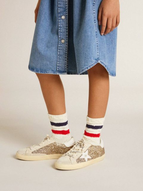 Kids Golden Goose Girls (4-10 Years) Super-Star Young In Gold Glitter With White Leather Star And Heel Tab - Image 3