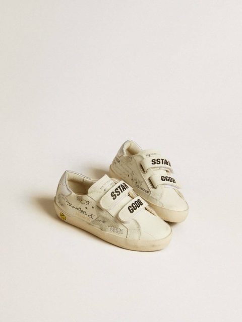 Kids Golden Goose Old School Junior With Suede Star And Metallic Leather Heel Tab Little Boys (1-3 Years) White With All-Over Multicolored Lettering - Image 2