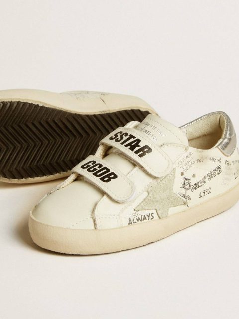 Kids Golden Goose Old School Junior With Suede Star And Metallic Leather Heel Tab Little Boys (1-3 Years) White With All-Over Multicolored Lettering - Image 3