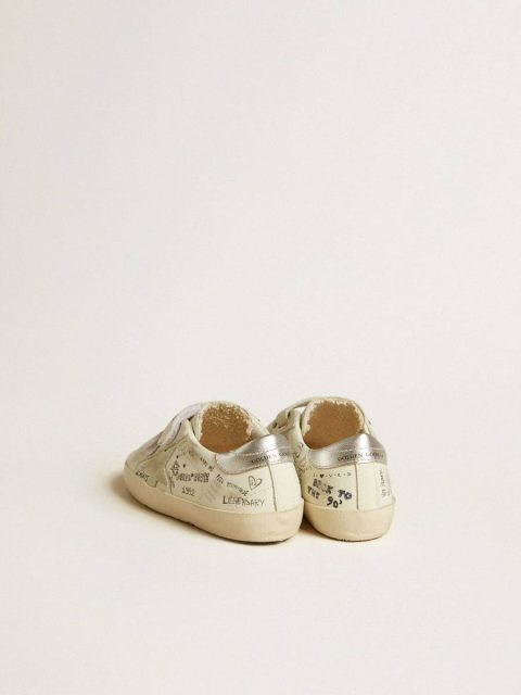 Kids Golden Goose Old School Junior With Suede Star And Metallic Leather Heel Tab Little Boys (1-3 Years) White With All-Over Multicolored Lettering - Image 4