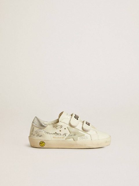 Kids Golden Goose Old School Junior With Suede Star And Metallic Leather Heel Tab Little Boys (1-3 Years) White With All-Over Multicolored Lettering