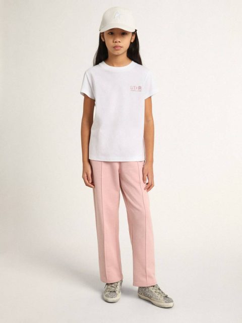 Kids Golden Goose Topwear Selection (4-12 Years) Girls’ White T-Shirt With Pink Glitter Logo And Maxi Star White - Image 2