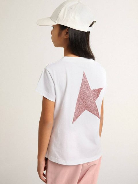Kids Golden Goose Topwear Selection (4-12 Years) Girls’ White T-Shirt With Pink Glitter Logo And Maxi Star White - Image 3