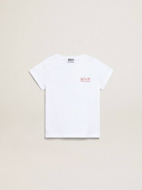 Kids Golden Goose Topwear Selection (4-12 Years) Girls’ White T-Shirt With Pink Glitter Logo And Maxi Star White