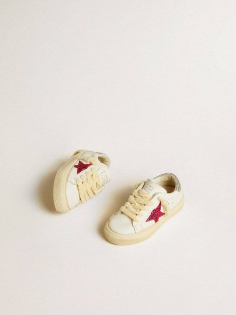 Kids Golden Goose White May Young With Fuchsia Glitter Star And Metallic Leather Heel Tab Girls (4-10 Years) - Image 2
