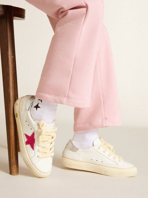 Kids Golden Goose White May Young With Fuchsia Glitter Star And Metallic Leather Heel Tab Girls (4-10 Years) - Image 3