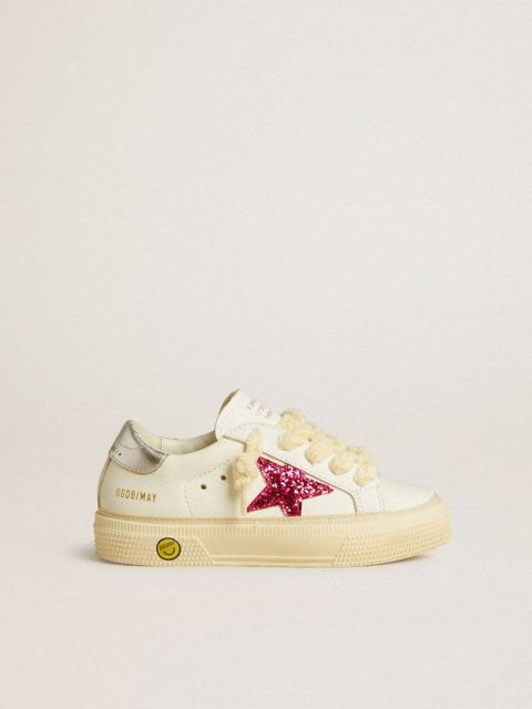 Kids Golden Goose White May Young With Fuchsia Glitter Star And Metallic Leather Heel Tab Girls (4-10 Years)
