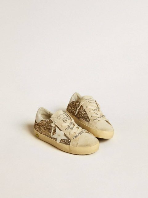 Kids Little Girls (1-3 Years) Golden Goose Super-Star Junior In Gold Glitter With White Leather Star And Heel Tab - Image 2