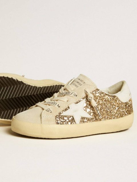 Kids Little Girls (1-3 Years) Golden Goose Super-Star Junior In Gold Glitter With White Leather Star And Heel Tab - Image 3