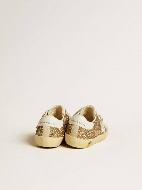 Kids Little Girls (1-3 Years) Golden Goose Super-Star Junior In Gold Glitter With White Leather Star And Heel Tab - Image 4