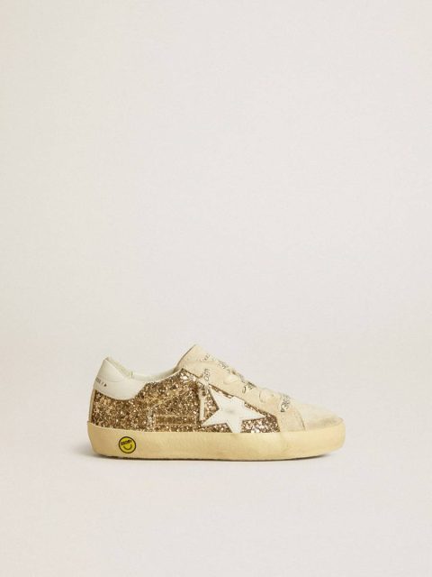 Kids Little Girls (1-3 Years) Golden Goose Super-Star Junior In Gold Glitter With White Leather Star And Heel Tab