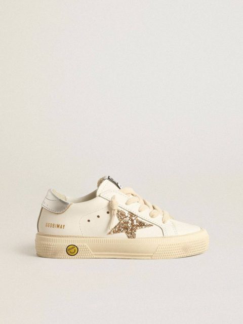 Kids May Teen In White Leather With Gold Glitter Star And Silver Heel Tab Girls (4-10 Years) Golden Goose White