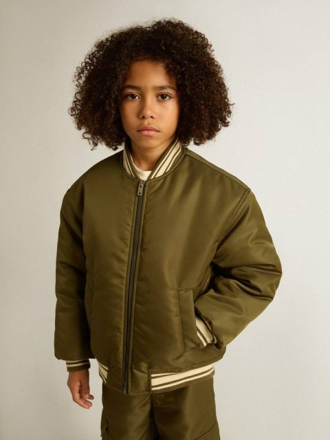 Kids Military Green Kids Military-Green Nylon Bomber Jacket With Lettering On The Back Topwear Selection (4-12 Years) Golden Goose - Image 3