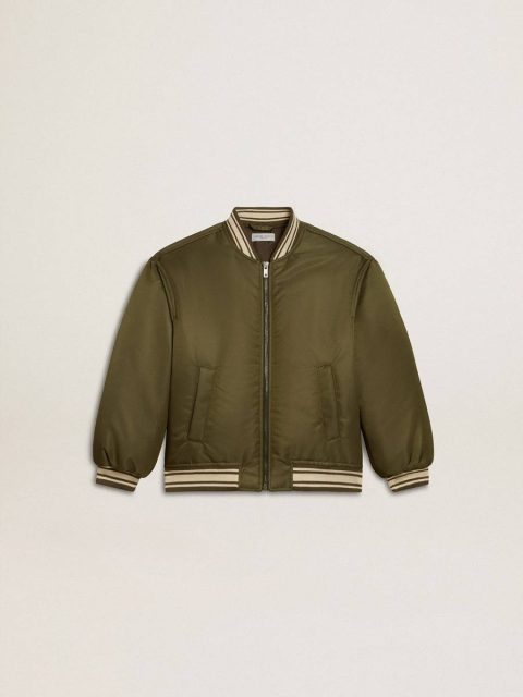 Kids Military Green Kids Military-Green Nylon Bomber Jacket With Lettering On The Back Topwear Selection (4-12 Years) Golden Goose