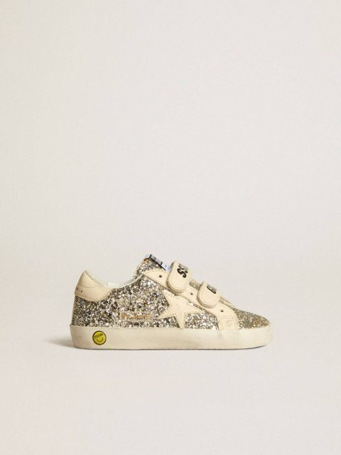 Kids Old School Junior In Platinum Glitter With Leather Star And Heel Tab Little Girls (1-3 Years) Golden Goose