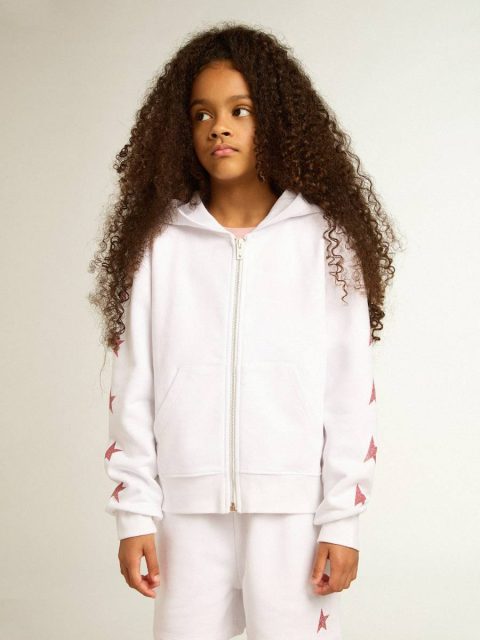 Kids White Girls’ Zip-Up Sweatshirt In White With Glitter Stars On The Sleeves Topwear Selection (4-12 Years) Golden Goose - Image 2