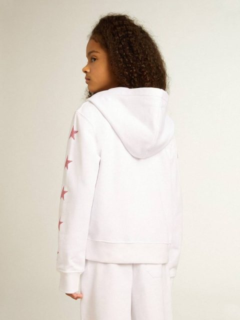 Kids White Girls’ Zip-Up Sweatshirt In White With Glitter Stars On The Sleeves Topwear Selection (4-12 Years) Golden Goose - Image 4